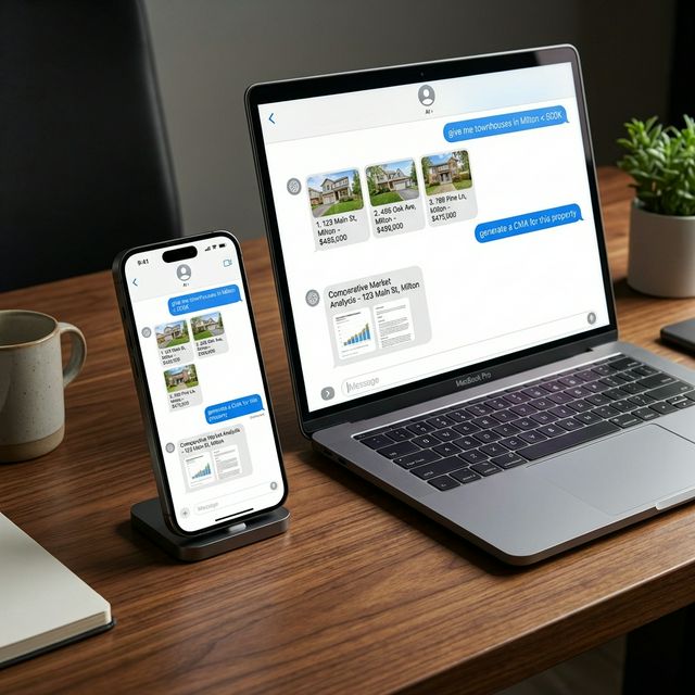 RealmAI chat interface on a laptop and phone side-by-side