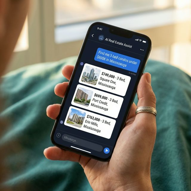 Hand holding phone showing RealmAI chat with property search results